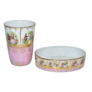 Vtg Royal Vienna Gold Gilt soap Dish & cup courting couple Beehive Mark